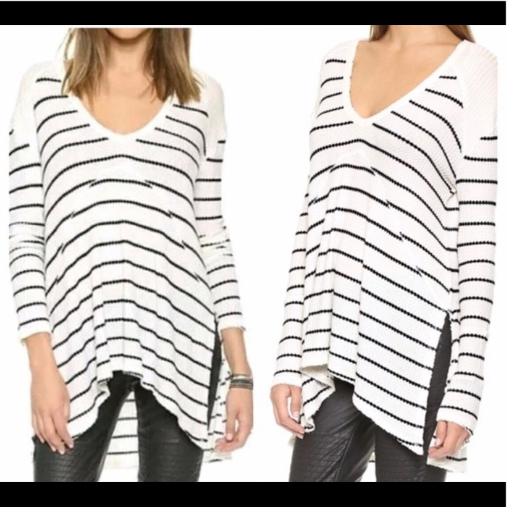Free People Long Sleeve V-neck Thermal Waffle Top with Raw Asymmetrical Hem